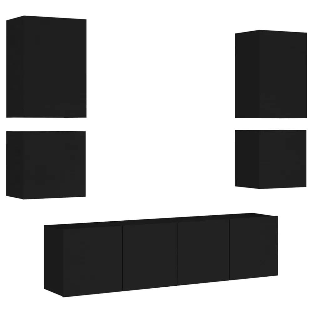 6 pcs móveis de parede para TV derivados de madeira preto