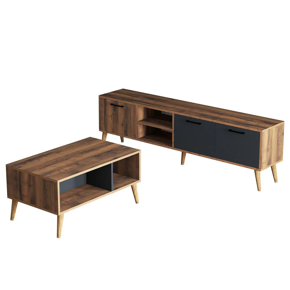 Rack para Eletrônicos Móvel de TV com mesa de centro Akson Madeira escura e Antracite
