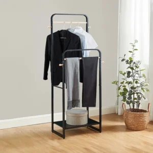 Cabide de roupa duplo C65 cm em metálico preto e madeira de faia SELIN