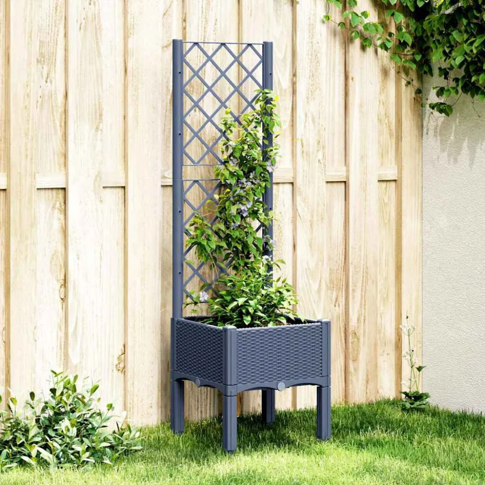 Vaso/floreira de jardim com treliç 40x40x142 cm PP cinzento com Cabo Antiderrapante