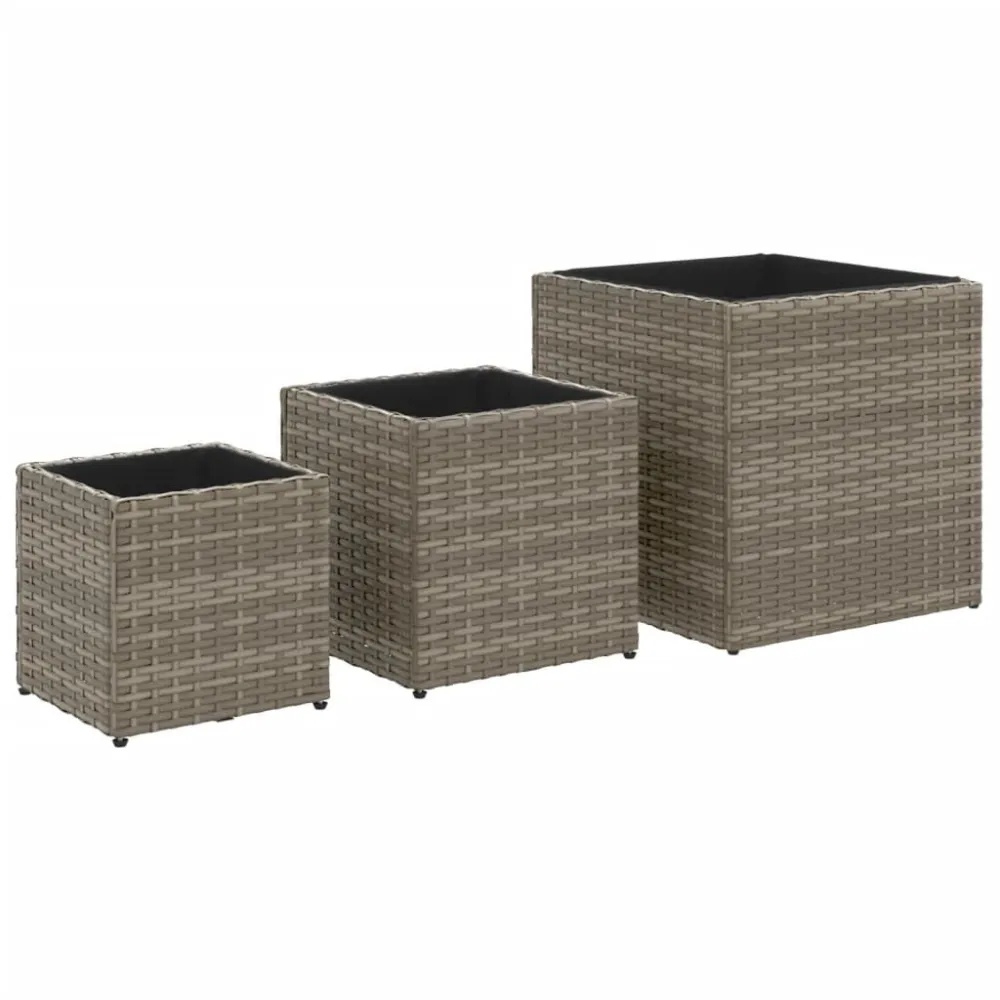 Vasos de jardim 3 pcs vime PE cinzento Cabos de Fibra de Vidro