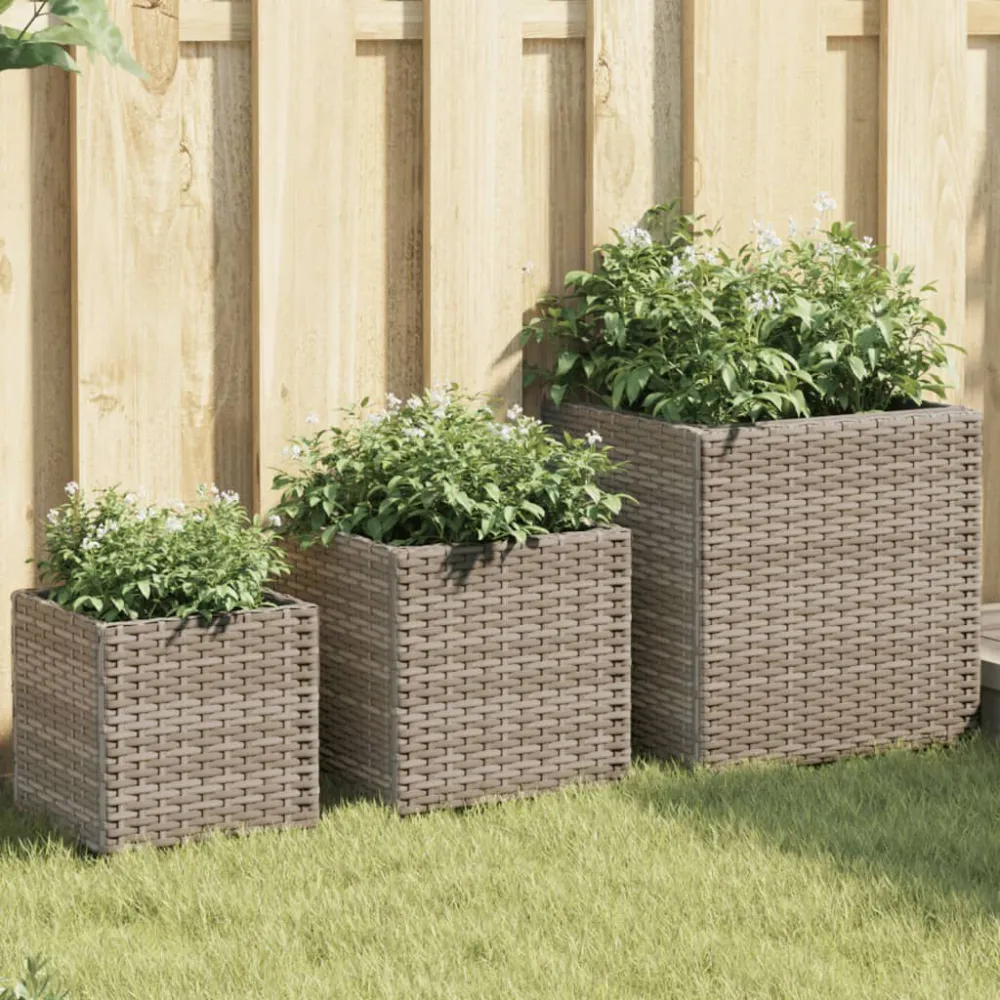 Vasos de jardim 3 pcs vime PE cinzento Cabos de Fibra de Vidro