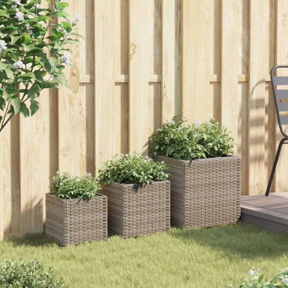 Vasos de jardim 3 pcs vime PE cinzento Cabos de Fibra de Vidro