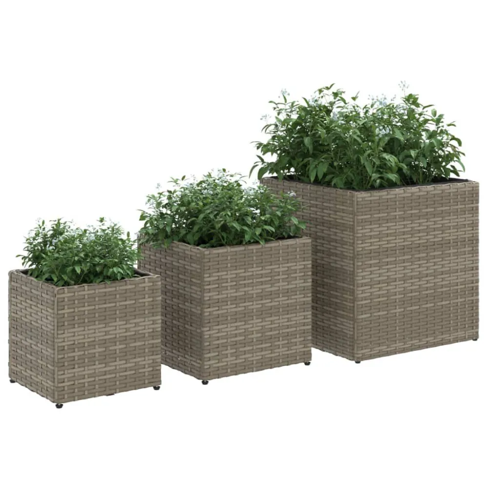 Vasos de jardim 3 pcs vime PE cinzento Cabos de Fibra de Vidro