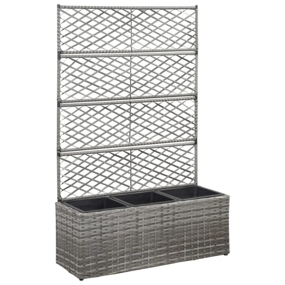 Floreira com treliç e 3 vasos 83x30x130 cm vime PE cinzento