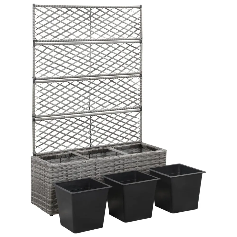 Floreira com treliç e 3 vasos 83x30x130 cm vime PE cinzento