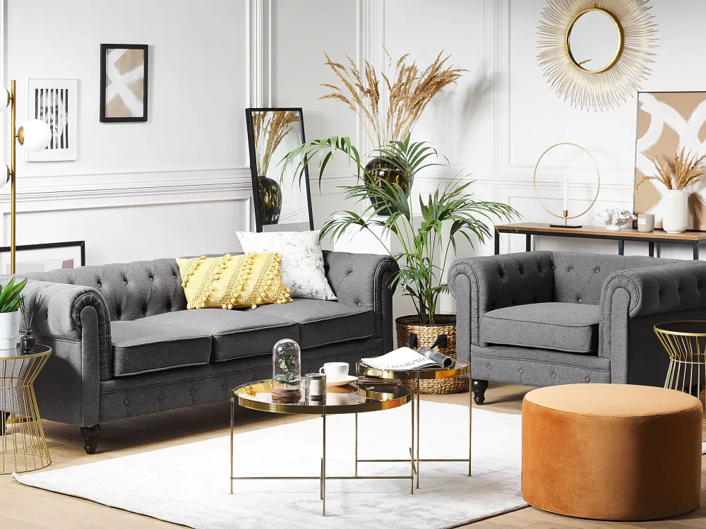 Fabric Living Room Set Grey CHESTERFIELD Kit com 20 Peças