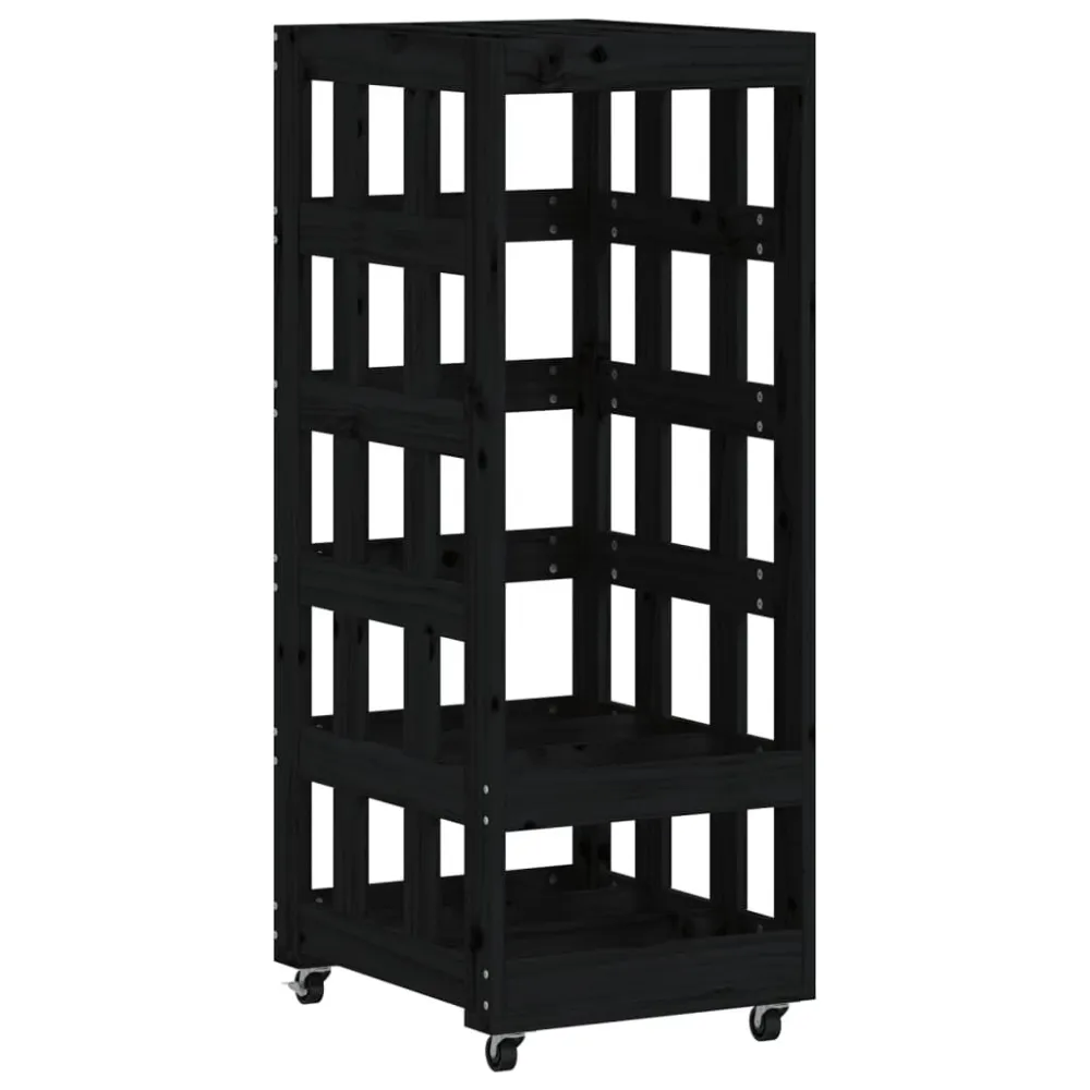 Suporte de lenha com rodas 40x49x110 cm pinho maciço preto