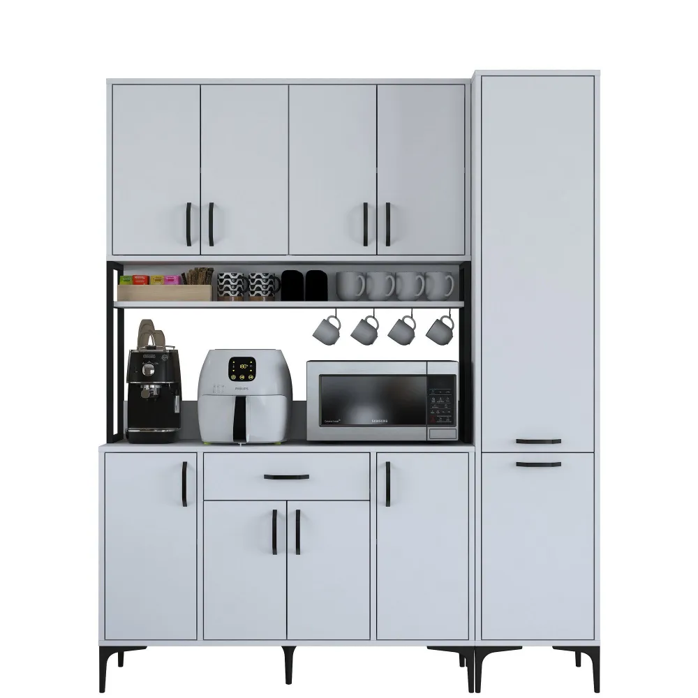 Buffet de cozinha 10 portas, prateleira e gaveta Ariane L160cm Branco | ço Inox | Impermeável
