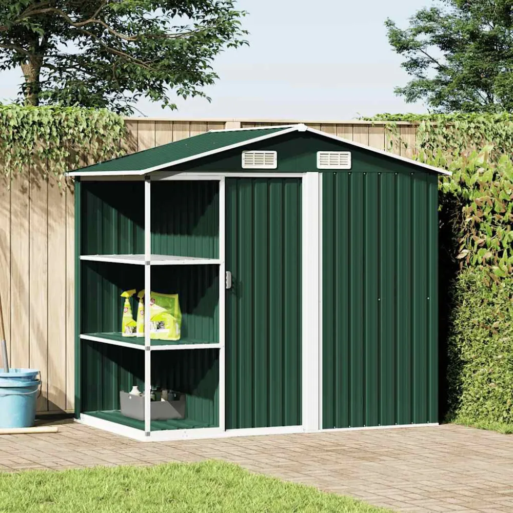 Profissional Premium Abrigo de jardim com prateleiras 205x130x183 cm ferro verde