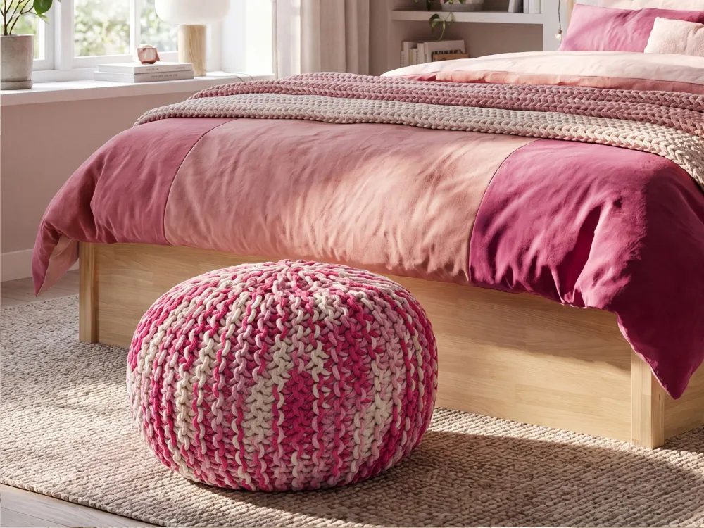 Cotton Knitted Pouffe 50 x 35 cm White and Rosa CONRAD