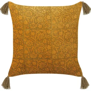 Almofada decorativa com tradicional floral e borlas em veludo amarelo 45 x 45 cm RHEUM