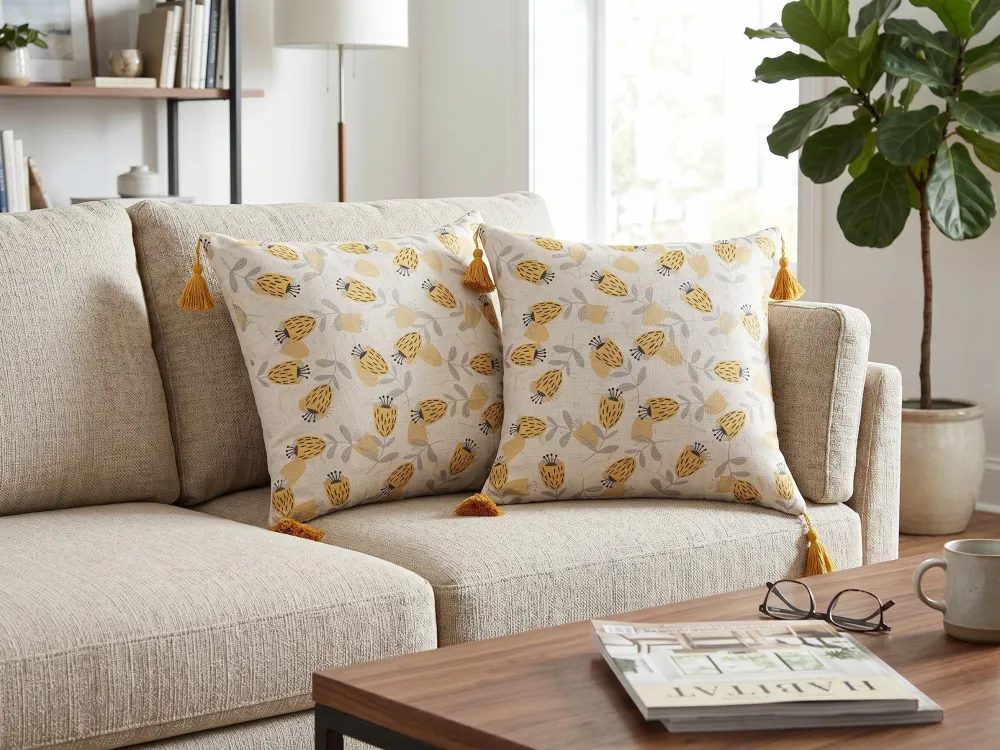 Conjunto de 2 almofadas com básico floral creme e amarelo 45 x 45 cm ABUTILON