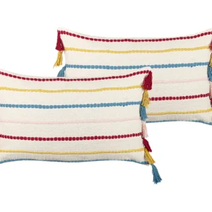 Conjunto de 2 almofadas decorativas em algodão multicolor com básico de riscas e borlas 40 x 60 cm AGAVE