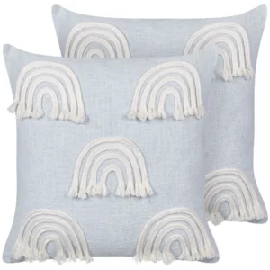 Conjunto de 2 almofadas decorativas com bordado de arco-íris em algodão azul visível 45 x 45 cm LEEA