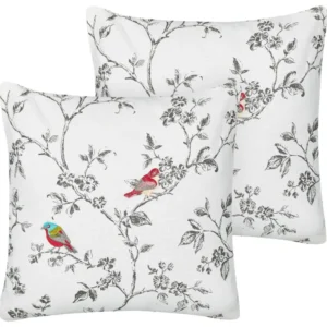 Conjunto de 2 almofadas decorativas com bordado de pássaros em algodão branco 45 x 45 cm DILLENIA