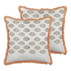 Conjunto de 2 almofadas decorativas com tradicional floral em algodão branco e laranja 45 x 45 cm SATIVUS