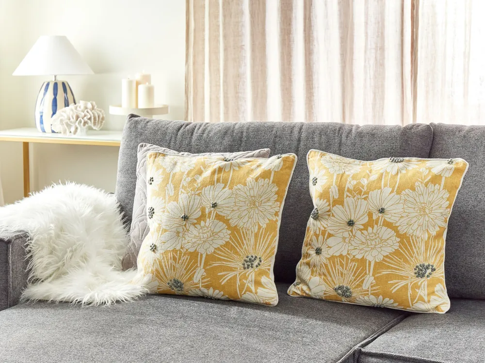 Set 2 Cotton Cushions Floral Print 45 x 45 cm Yellow SCIRPUS
