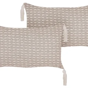 Set 2 Cushions Geometric Pattern Tassels 25 x 45 cm Taupe HAKONE
