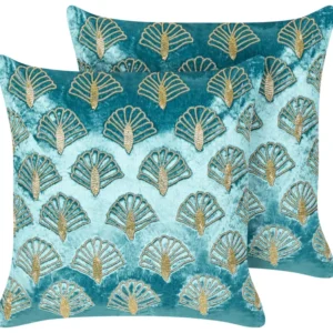 Set 2 Embroidered Tecido macio Cushions Seashell Pattern 45 x 45 cm Turquoise PANDOREA