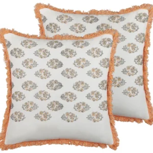 Set 2 Fringed Cotton Cushions Floral Pattern 45 x 45 cm Neve and Orange SATIVUS