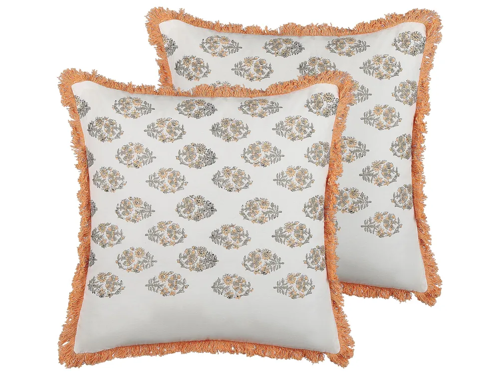 Set 2 Fringed Cotton Cushions Floral Pattern 45 x 45 cm Neve and Orange SATIVUS