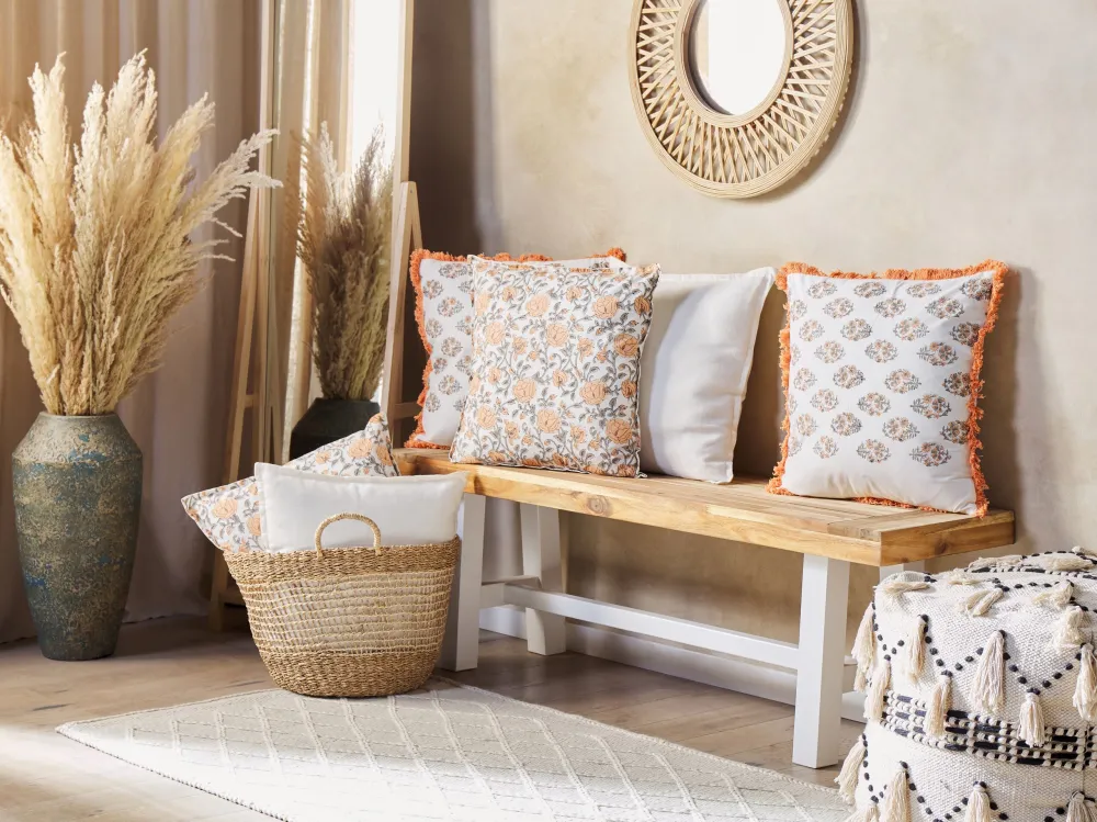 Set 2 Fringed Cotton Cushions Floral Pattern 45 x 45 cm Neve and Orange SATIVUS