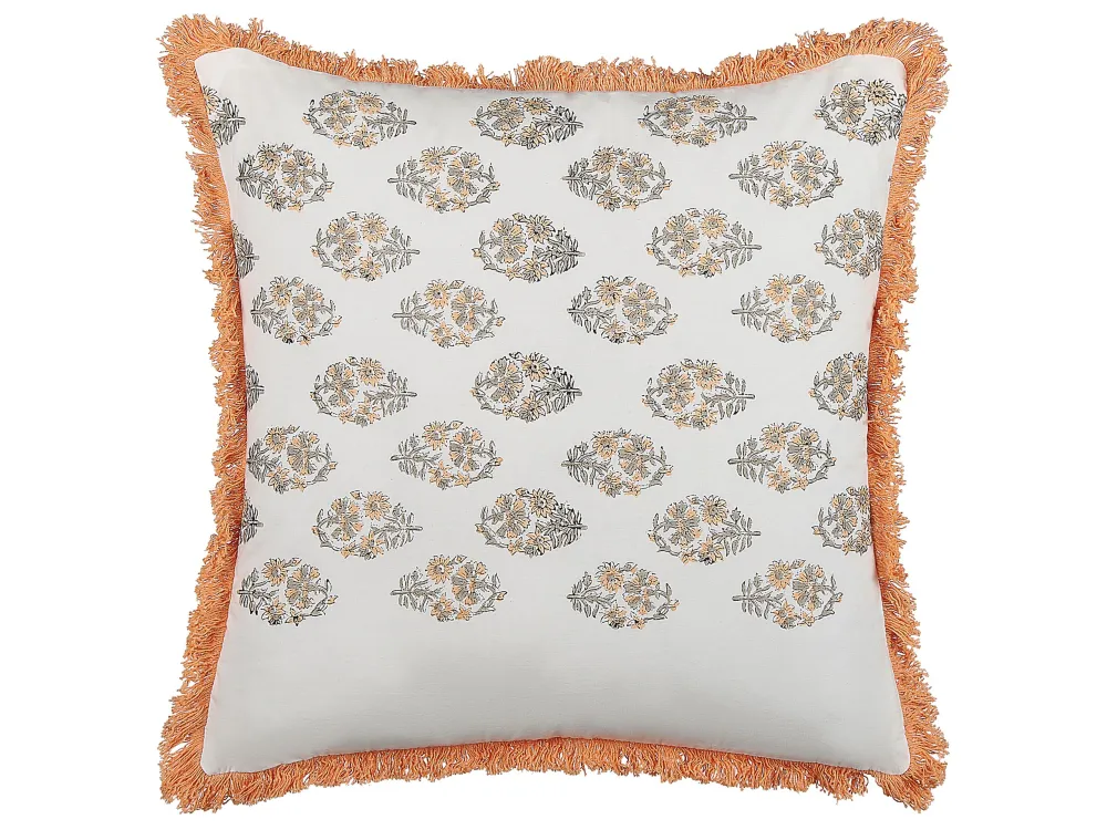 Set 2 Fringed Cotton Cushions Floral Pattern 45 x 45 cm Neve and Orange SATIVUS