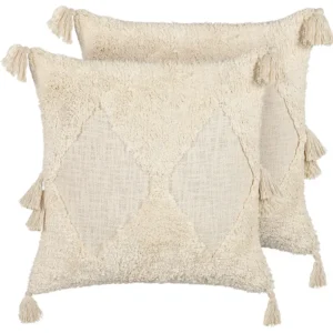 Set 2 Tufted Algodão Cushions Tassels 45 x 45 cm Light Beige AVIUM