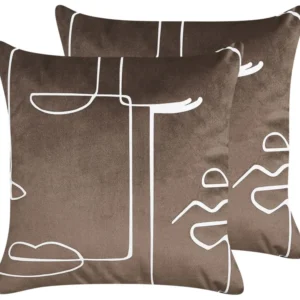 Set 2 Velvet Cushions Face Motif 45 x 45 cm Brown PHILODENDRON