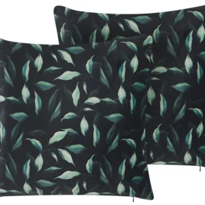 Set 2 Velvet Cushions Leaf Pattern 45 x 45 cm Green and Ébano TOADFLAX