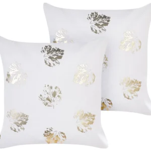 Set 2 Velvet Cushions Leaf Pattern 45 x 45 cm White GOLDENROD