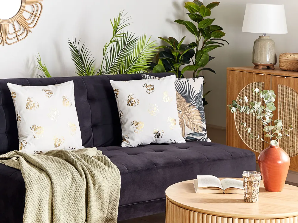 Set 2 Velvet Cushions Leaf Pattern 45 x 45 cm White GOLDENROD