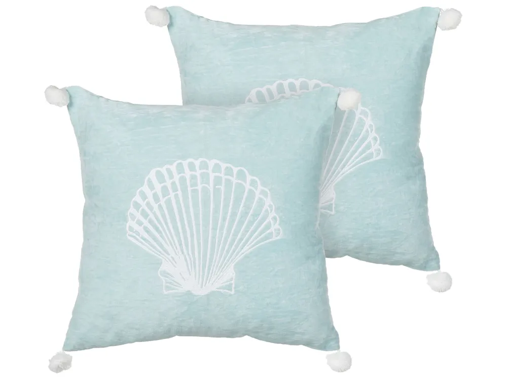 Set 2 Velvet Cushions Seashell Motif 45 x 45 cm Blue LEATHESIA