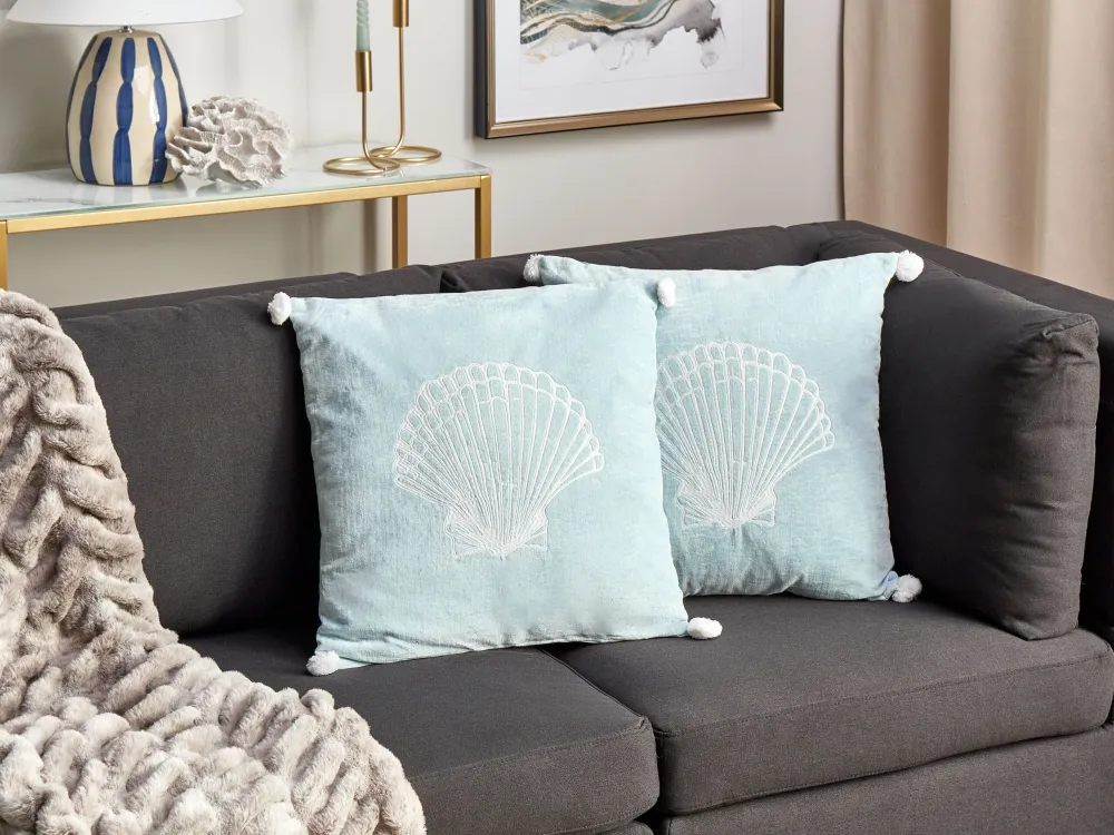 Set 2 Velvet Cushions Seashell Motif 45 x 45 cm Blue LEATHESIA