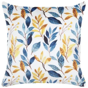Velvet Cushion Leaf Pattern 45 x 45 cm Yellow and Blue CATTLEYA