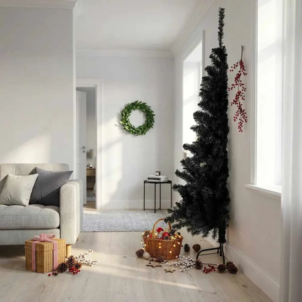 Planta de Parede Artificial Meia árvore de Natal artificial com suporte 210 cm PVC preto