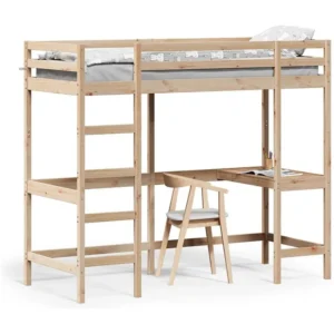 Cama alta com secretária 75x190 cm madeira de pinho maciç com Suporte para CPU