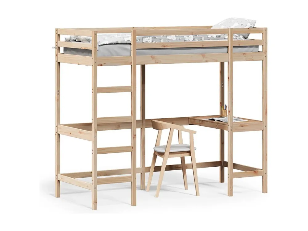 Cama alta com secretária 75x190 cm madeira de pinho maciç com Suporte para CPU