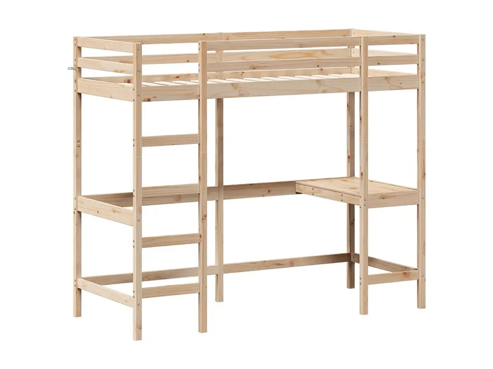 Cama alta com secretária 75x190 cm madeira de pinho maciç com Suporte para CPU
