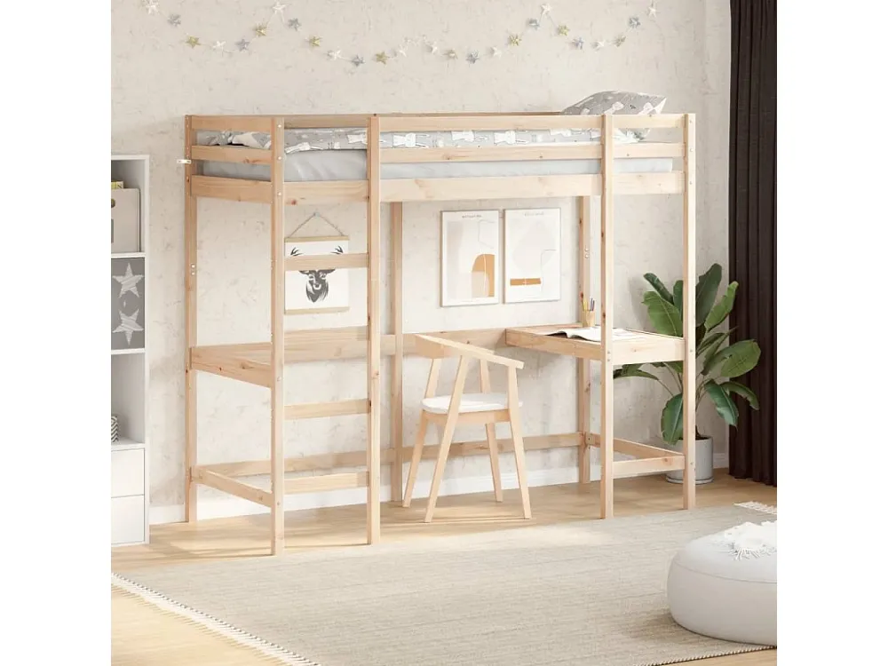 Cama alta com secretária 75x190 cm madeira de pinho maciç com Suporte para CPU