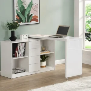 Mesa Ajustável Secretária extensível com tampo giratório 360° em MDF lacado branco - PAVELO