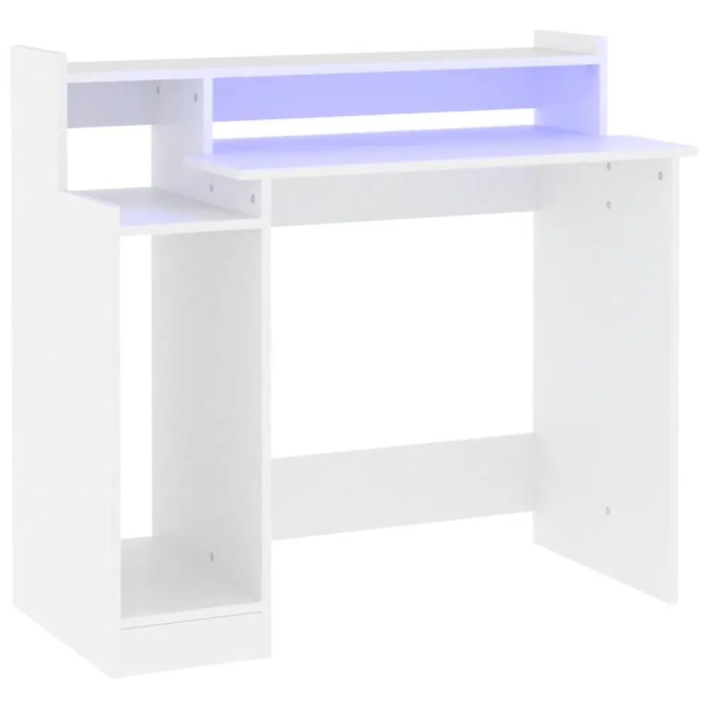 Secretária com luzes LED 97x45x90cm madeira processada branco com Suporte para CPU