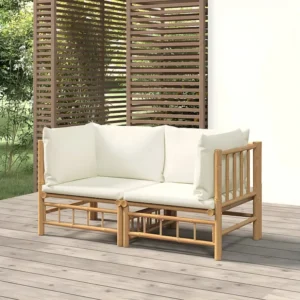 2peças Sofás de canto para jardim bambu com almofadões branco nata Clicnbuy