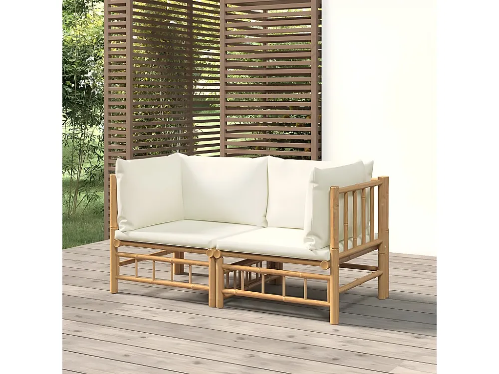 2peças Sofás de canto para jardim bambu com almofadões branco nata Clicnbuy