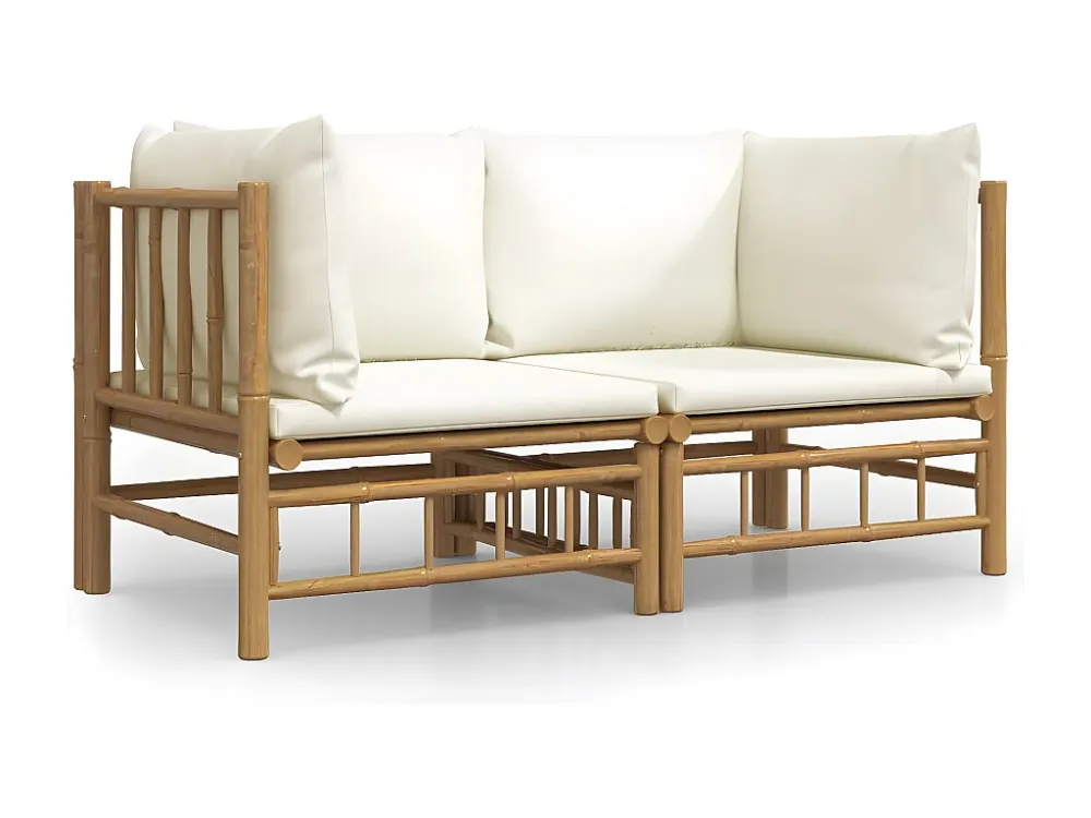 2peças Sofás de canto para jardim bambu com almofadões branco nata Clicnbuy