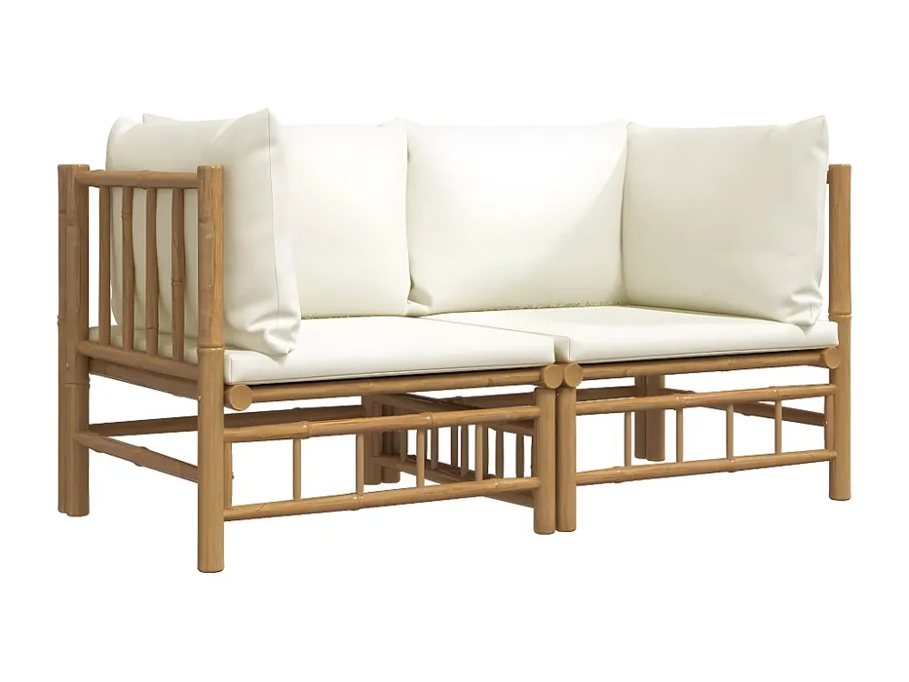 2peças Sofás de canto para jardim bambu com almofadões branco nata Clicnbuy
