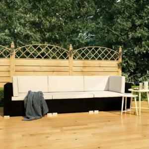3 peças conjunto sofás de jardim com almofadões vime PE preto Clicnbuy