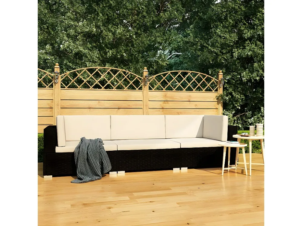 3 peças conjunto sofás de jardim com almofadões vime PE preto Clicnbuy