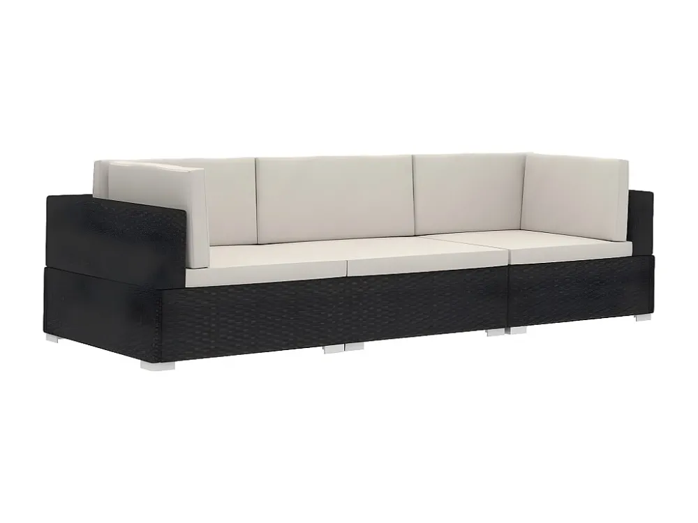 3 peças conjunto sofás de jardim com almofadões vime PE preto Clicnbuy